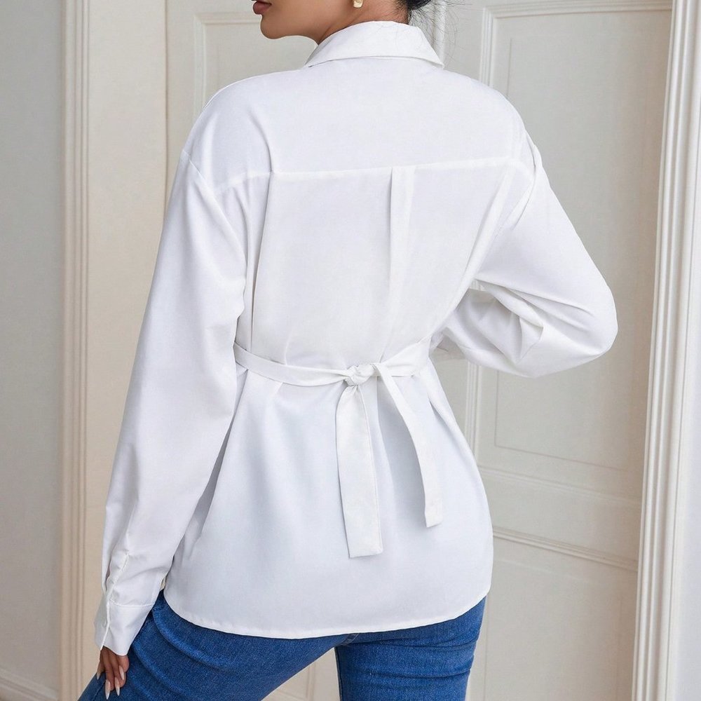 White Casual Womens Solid Button Front Belted Shirt - Picture 2 of 6